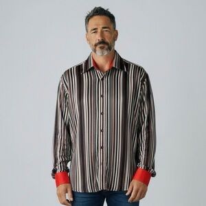 Pronti Red Black and White Striped Men's Button Down Shirt